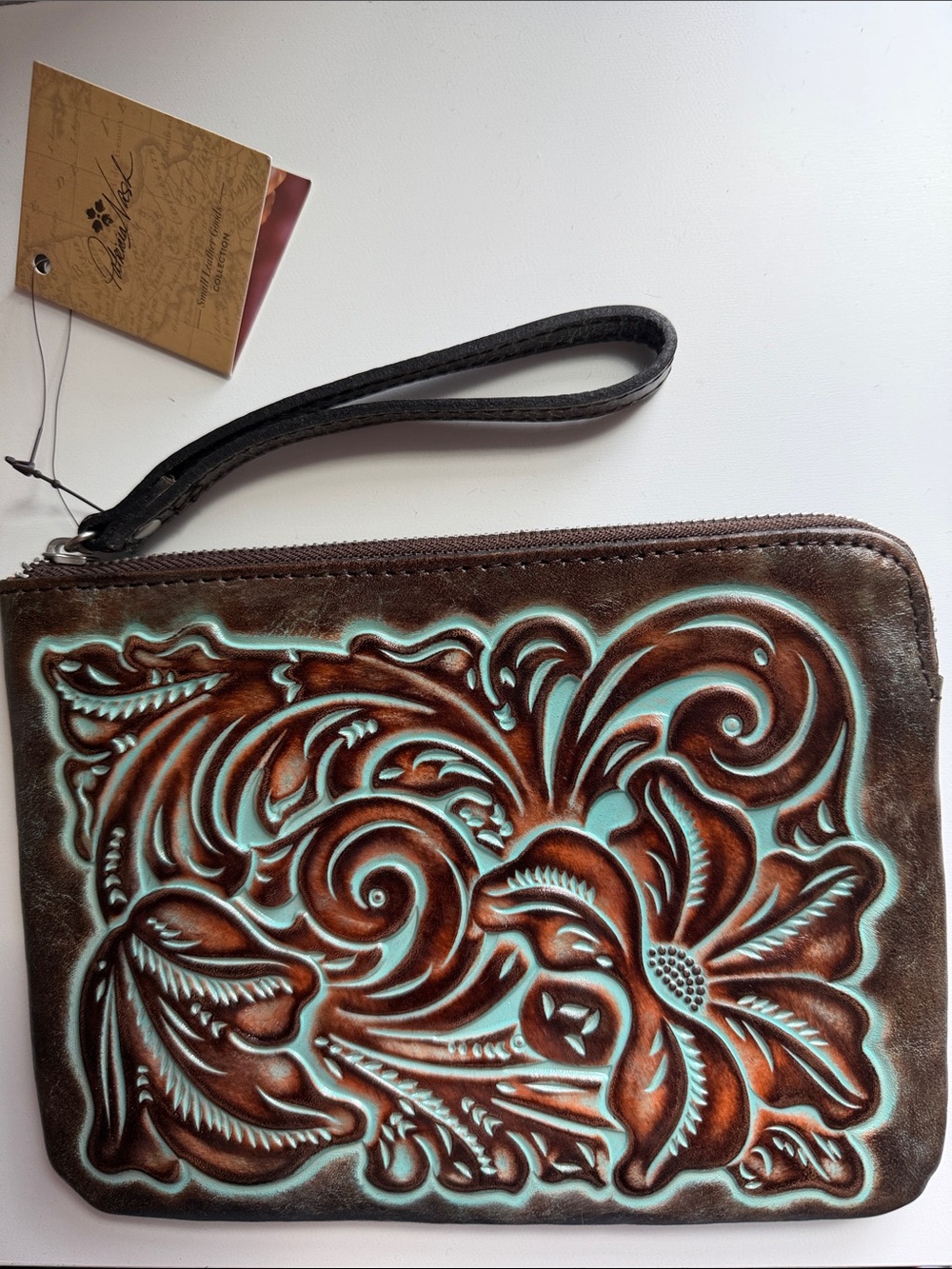 Patricia Nash Brown Leather Wristlet with Turquoise Accents